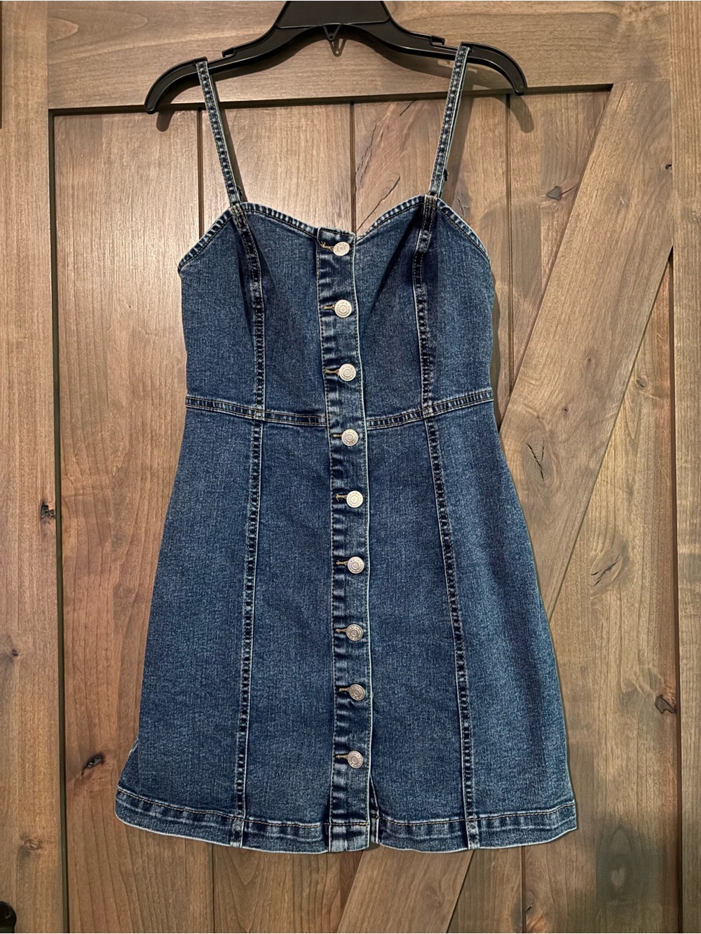 Dark Blue Denim Button-Front Mini Dress with Spaghetti Straps